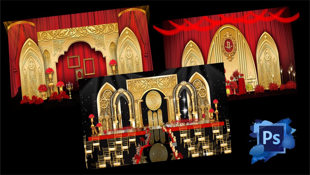 Golden High End Baroque Theme Wedding Stage Background | Decors & 3D Models PSD Free Download