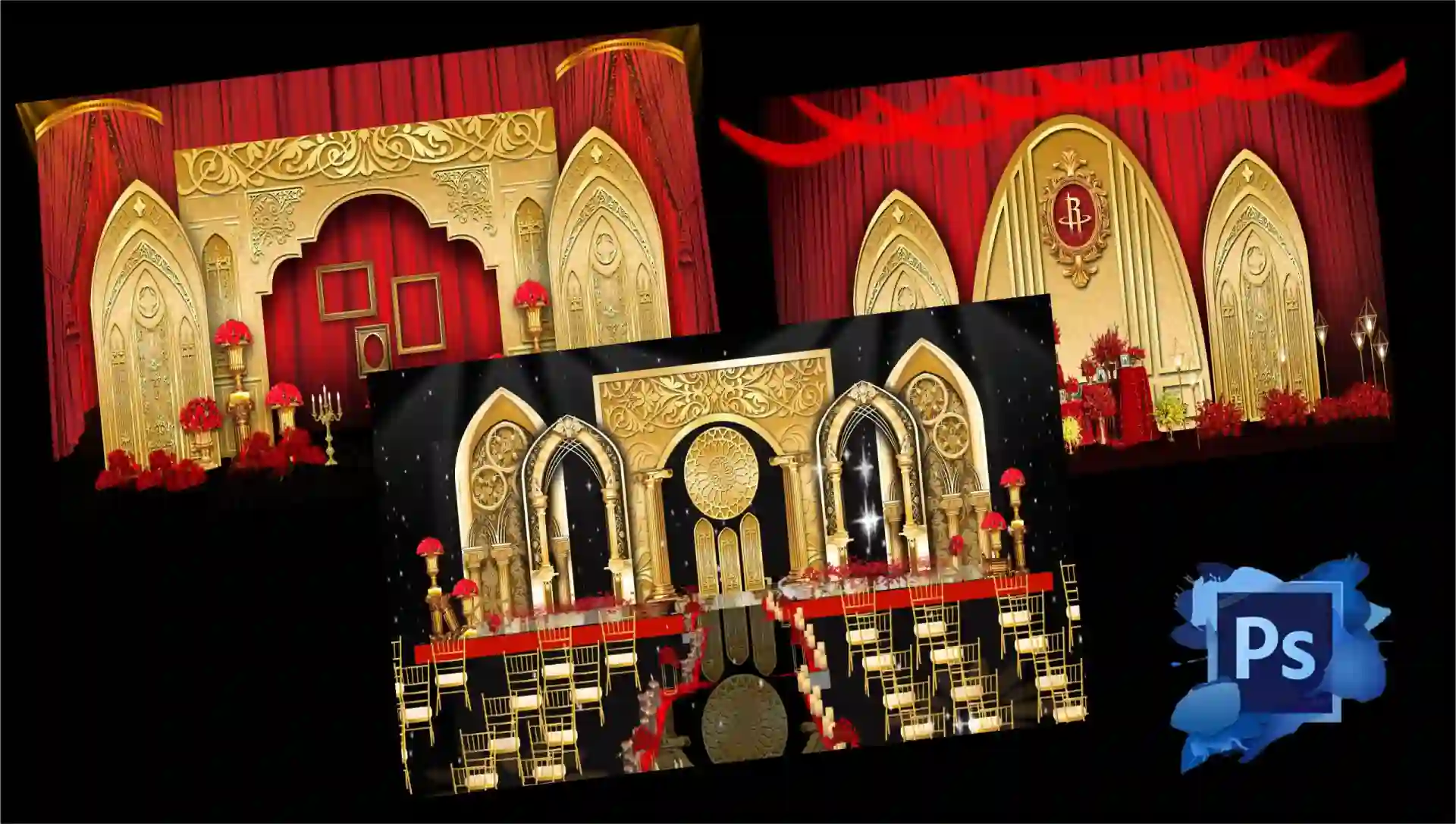 Home 17 Golden high end baroque theme wedding stage background | Decors & 3D Models PSD Free Download