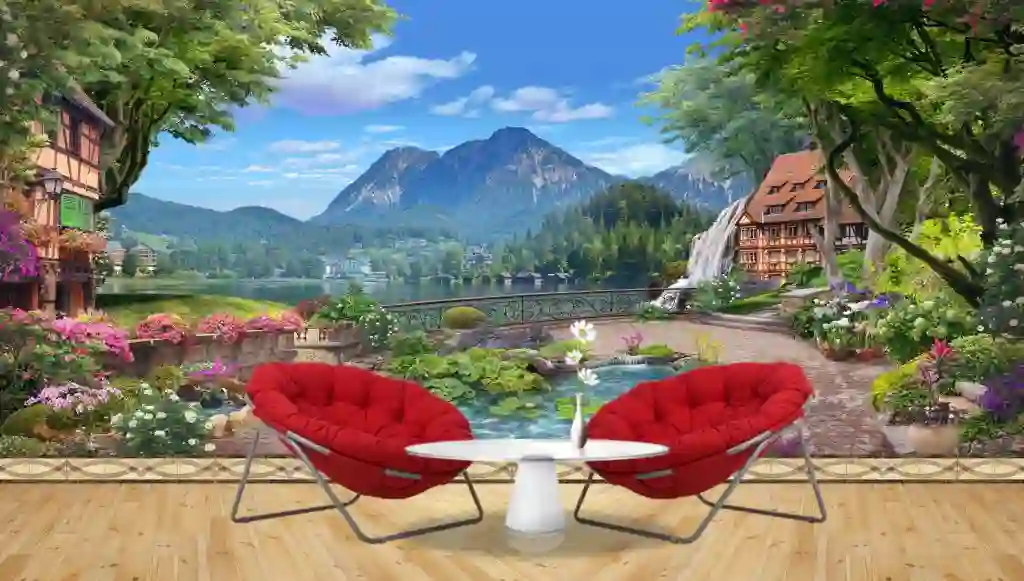 Beautiful Lake Views and mountains with blooming garden Wall Wallpaper Free Download 1 Beautiful Lake Views and mountains with blooming garden Wall Wallpaper Free Download