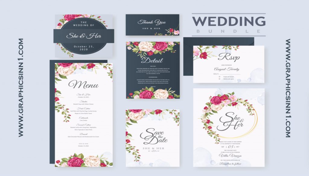 Wedding Card Set With Floral Leaves Vector File graphic inn