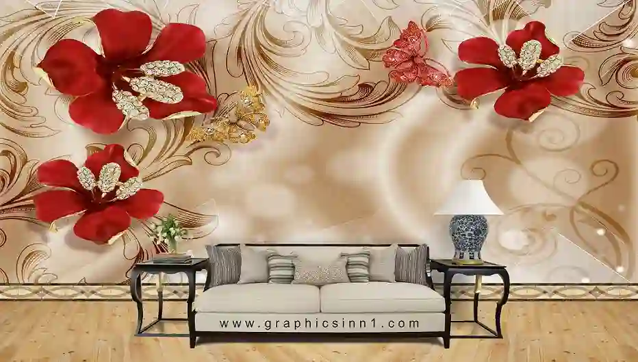 Red Jewelry Flowers, Jewelry Butterflies on Golden Silk Wallpaper 1 Red Jewelry Flowers, Jewelry Butterflies on Golden Silk Wallpaper