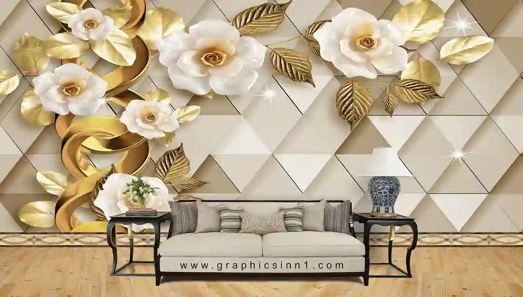 Home 23 3d Golden Jewellery Flowers with Golden Branches Triangles Wallpaper