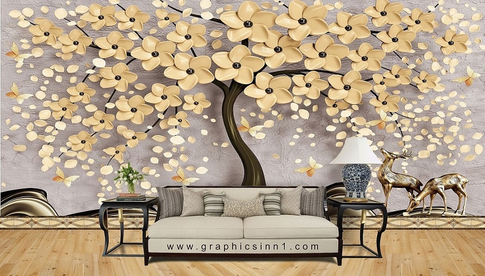 Custom 3d Wallpaper, Tree with flowers and elk deer 3d wallpaper for bedroom