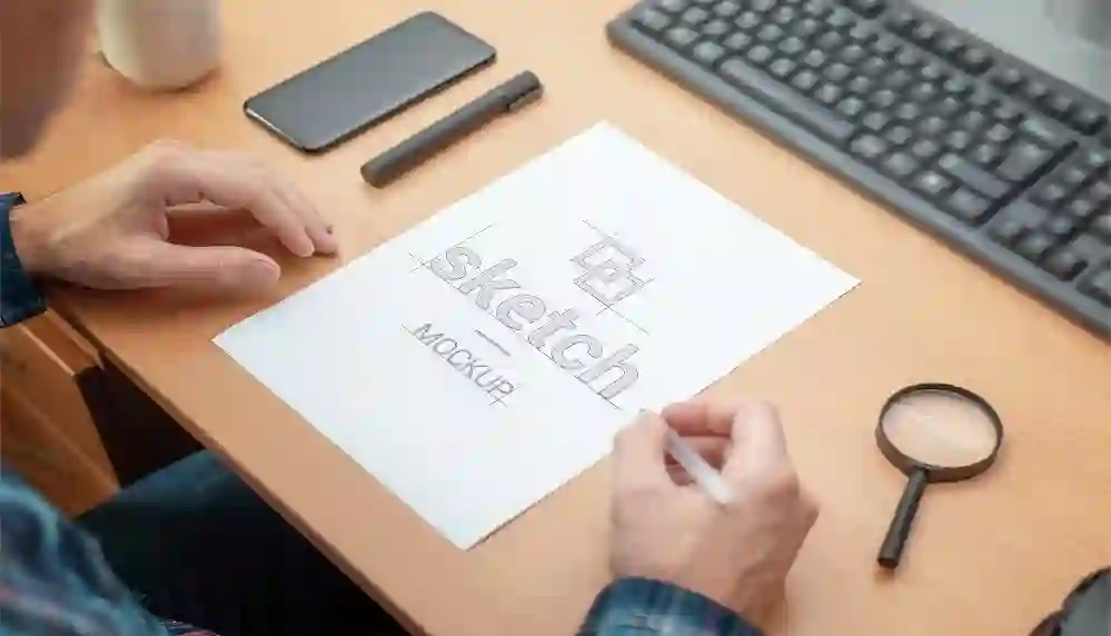 Designer Sketch Mockup Paper Work Desk PSD