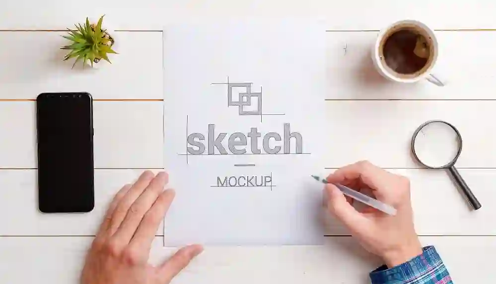 Home 25 Designer Sketch Top View Paper Mockup PSD