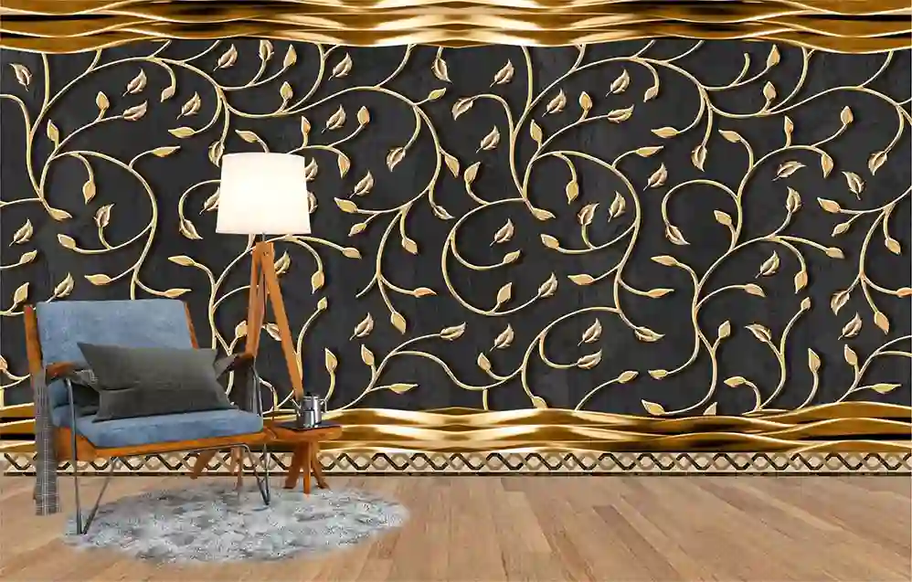 3D Modern Golden Leaves Branches Waves Wallpaper 1 3D Modern Golden Leaves Branches Waves Wallpaper