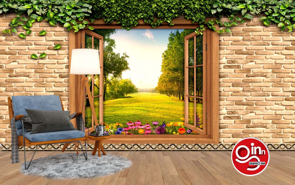 3D Window with Nature Scenery Wall Wallpaper Free Download