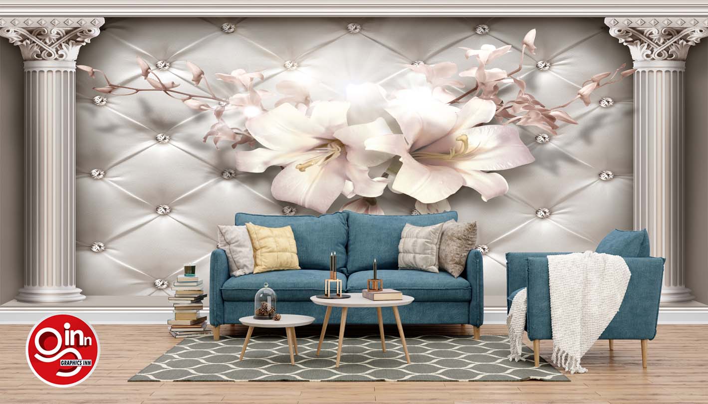 3D amazing Floral Wall Wallpaper with White Pillers Free Download