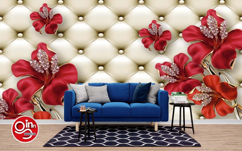 3d Beautiful Red Flower Leather Base Wall Wallpaper Free Download