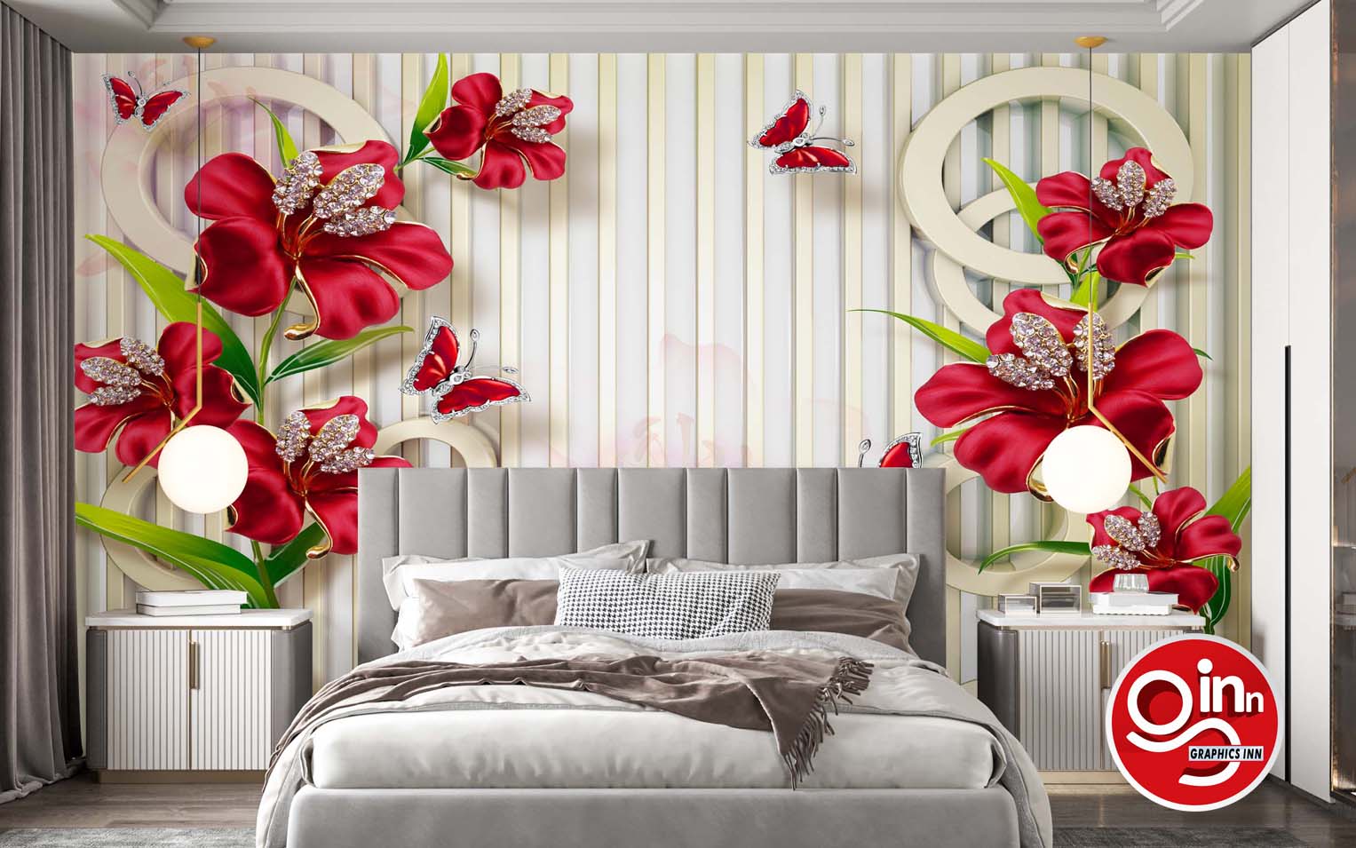 3D Red Roses In Leaves with 3D Butterflies Wallpaper Free Download
