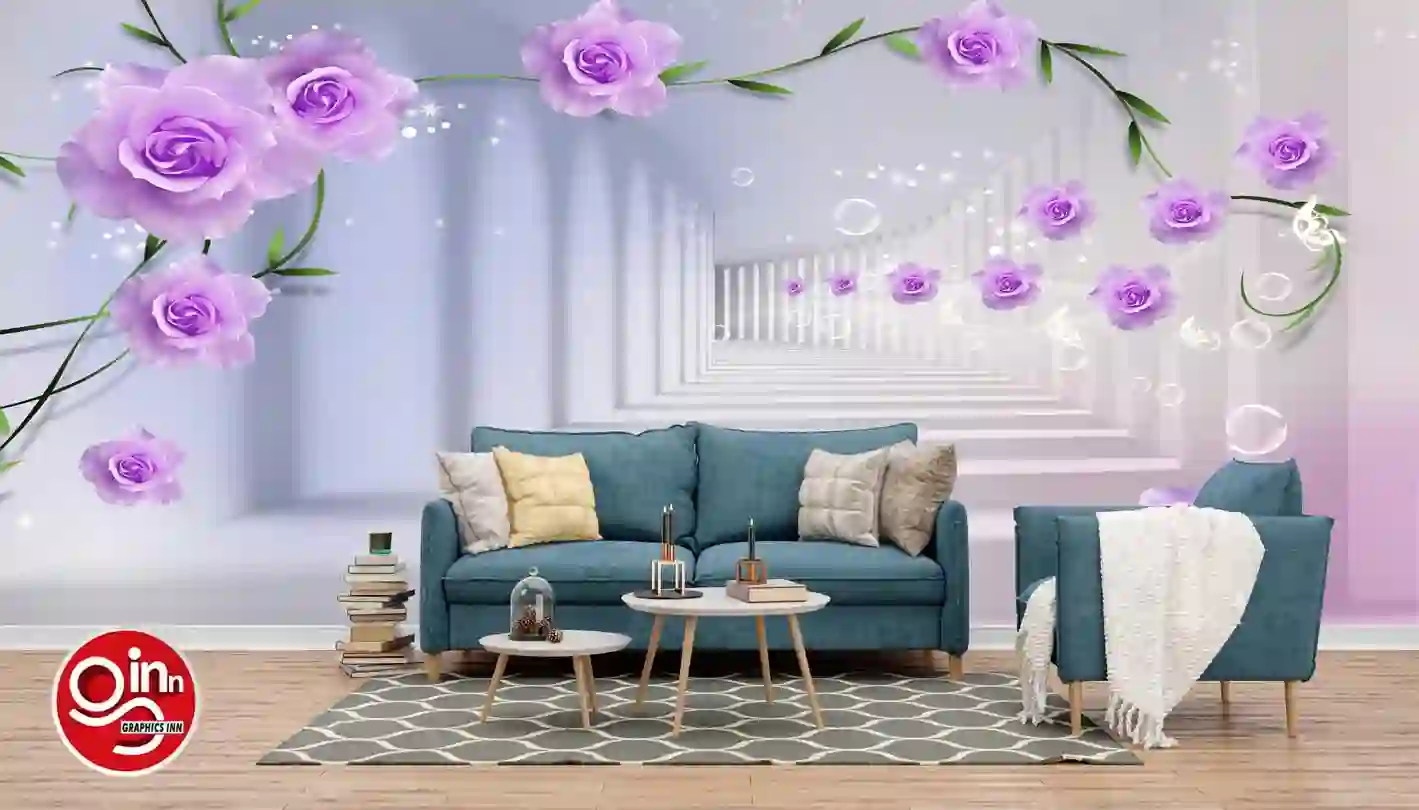 Home 24 3d Wallpaper Purple Flowers with Green Branches Purple Background