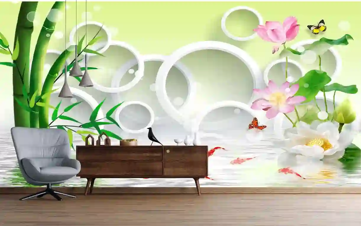 Home 21 Green Wallpaper with Bamboo Rings Water Lilies Free Download