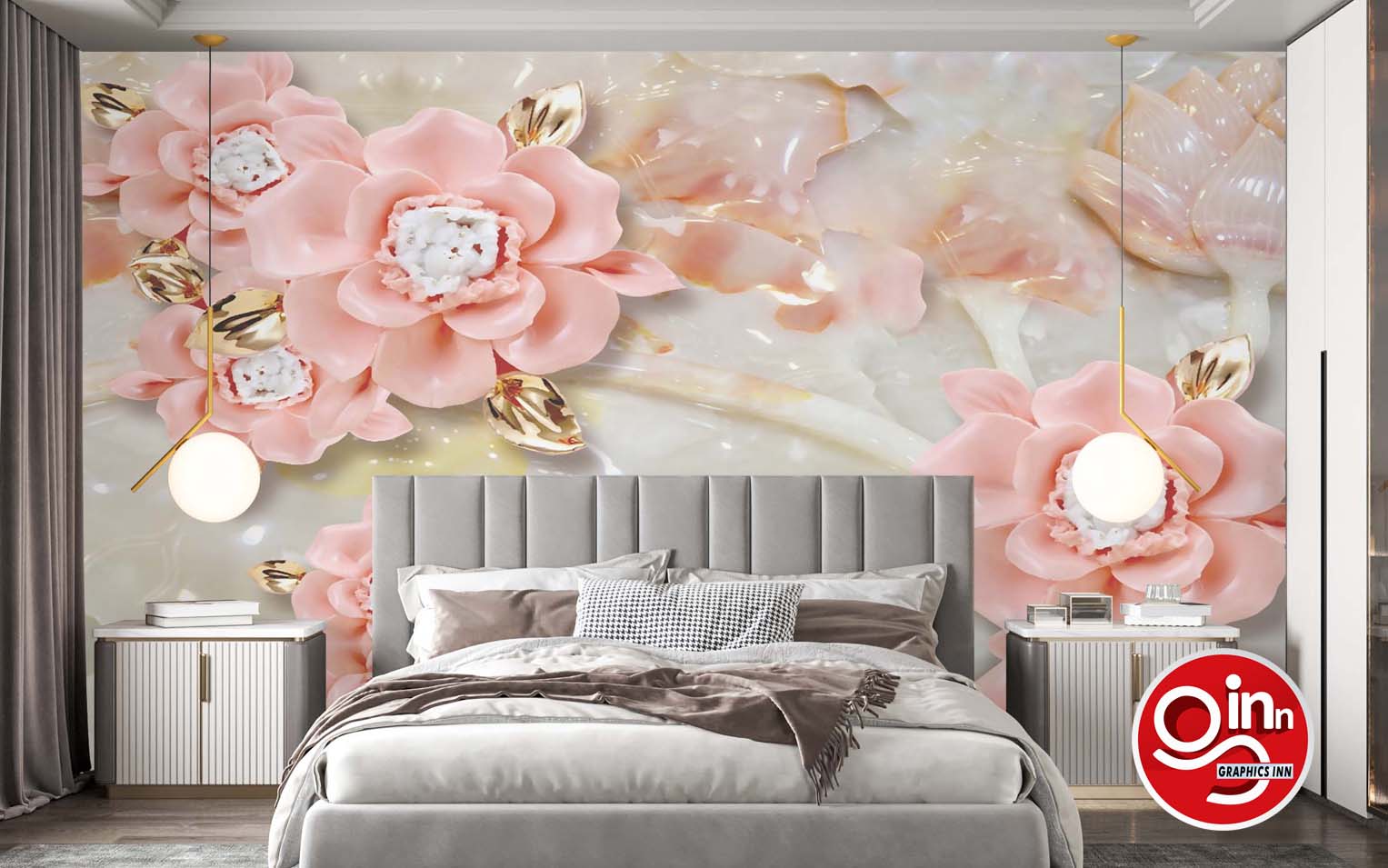 3D Pink Flowers on Marble Base Wall Wallpaper Free Download