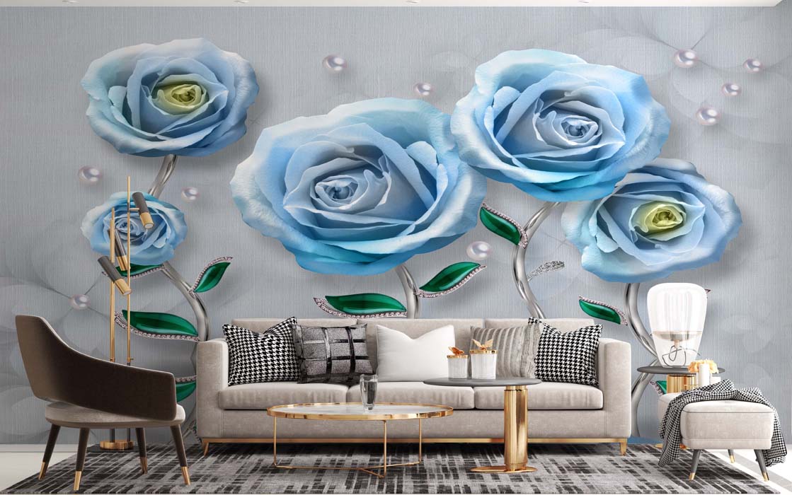 3D Blue Flowers with Gray Base Wallpaper Free Download