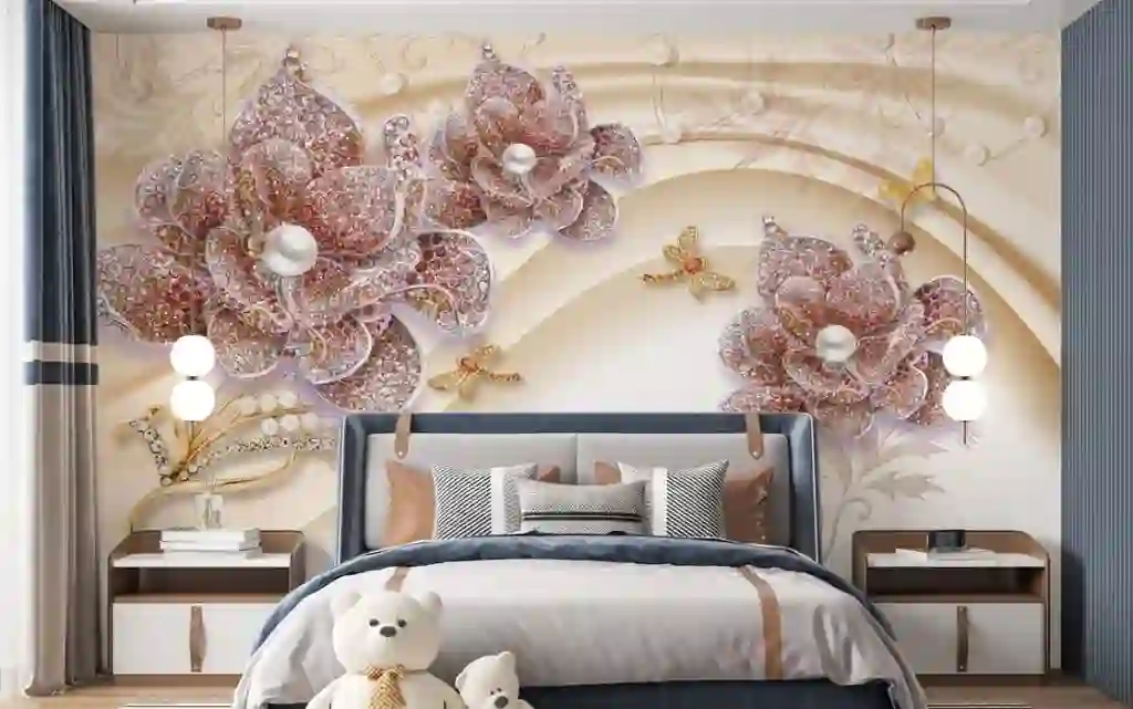 3D Purple Flower Gold Background Bedroom Wallpaper 1 6A