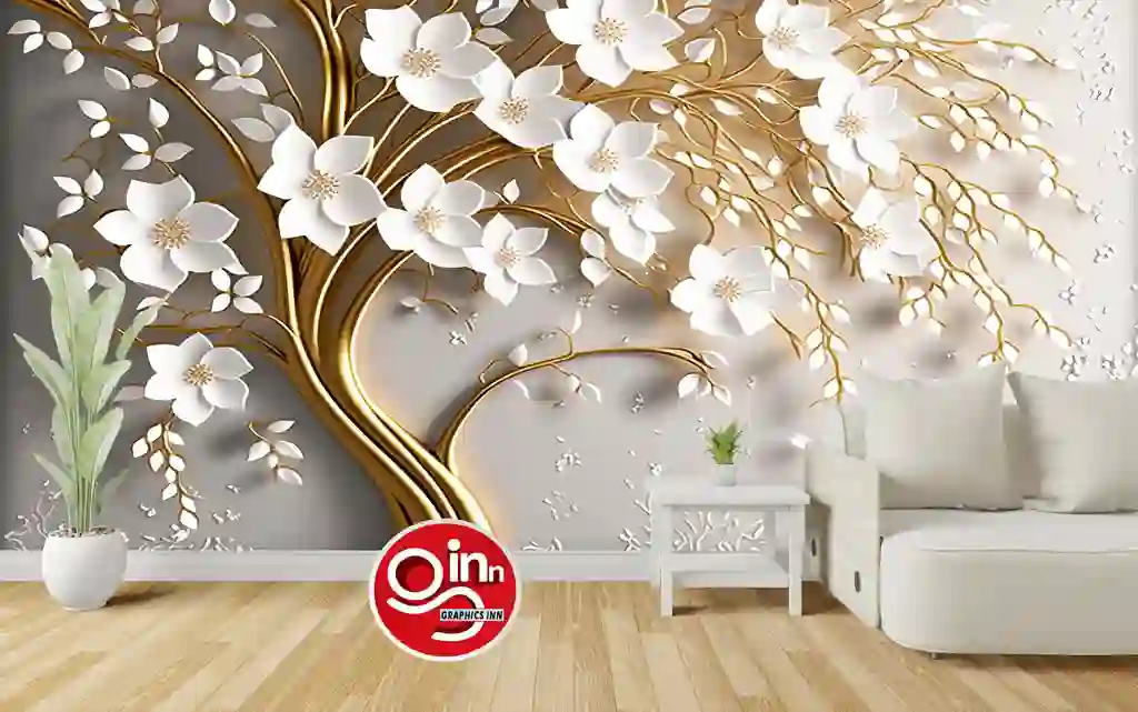 3d White Floral Tree with Golden Stem - Home Interior Decor Wallpaper Free Download 1 3d White Floral Tree with Golden Stem - Home Interior Decor Wallpaper Free Download