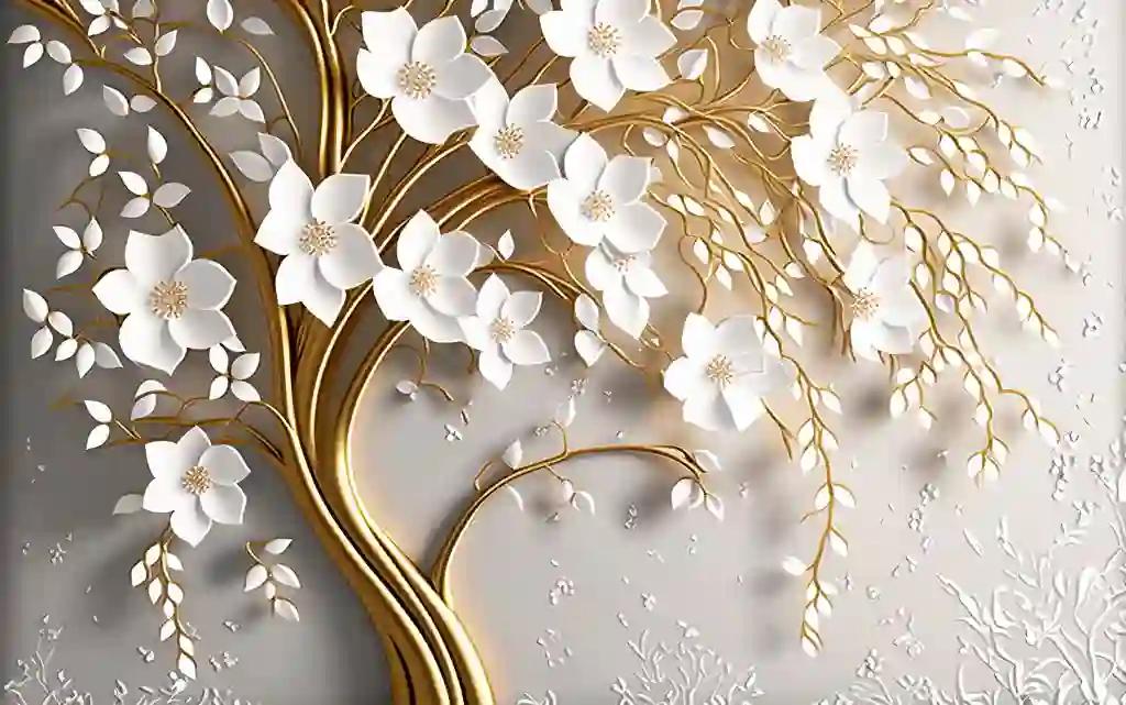3d White Floral Tree with Golden Stem - Home Interior Decor Wallpaper Free Download 2 3d White Floral Tree with Golden Stem - Home Interior Decor Wallpaper Free Download
