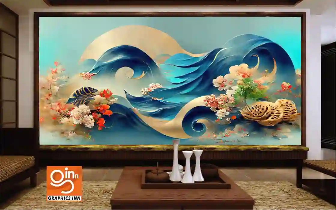 3D Canvas Waves Flowers Illustration Decor Wallpaper 1 3D Canvas Waves Flowers Illustration Decor Wallpaper