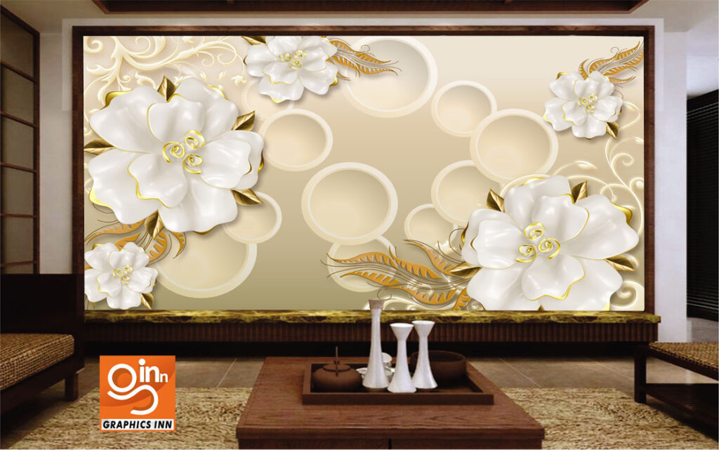 3D Beautiful Flowers with Circle Wall Decor Wallpaper