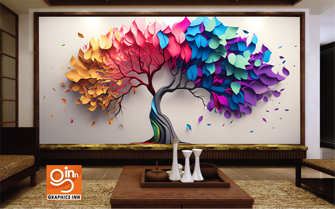 3D Colorful Tree with Leaves Decor Wallpaper Free Download