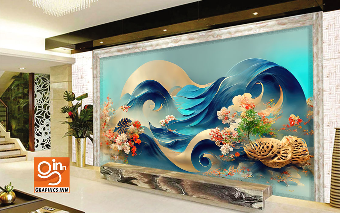 3D Canvas Waves Flowers Illustration Decor Wallpaper