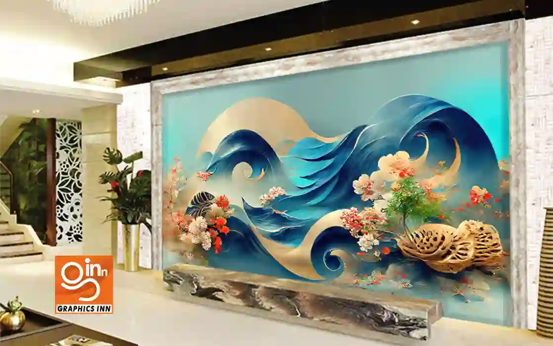 3D Canvas Waves Flowers Illustration Decor Wallpaper 3 3D Canvas Waves Flowers Illustration Decor Wallpaper