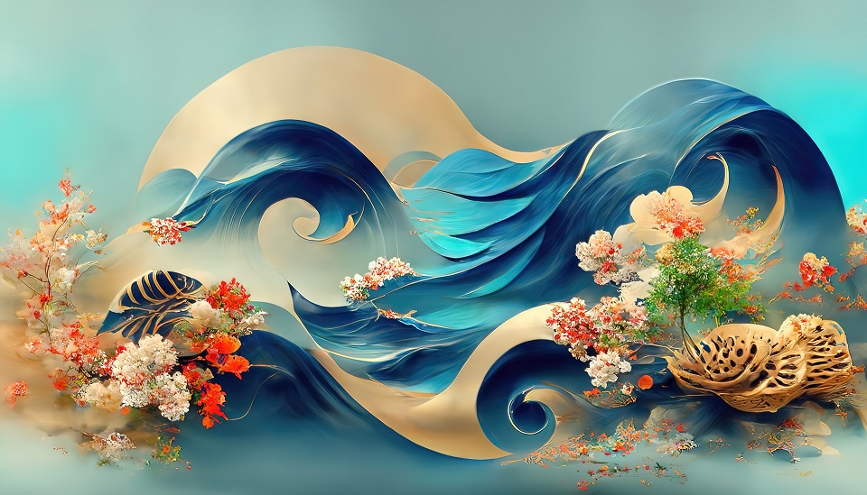 3D Canvas Waves Flowers Illustration Decor Wallpaper