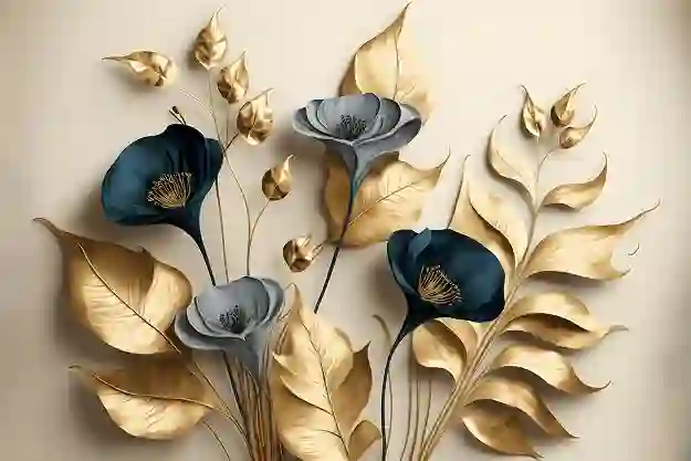 3D Elegant Golden Flowers Decore Wallpaper Free Download 2 elegant golden blue flowers branches light background vintage floral decor postcard
