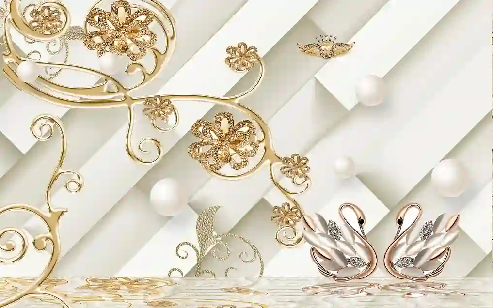 3d wallpaper golden jewelry flowers swans stone background 1 3d wallpaper golden jewelry flowers swans stone background