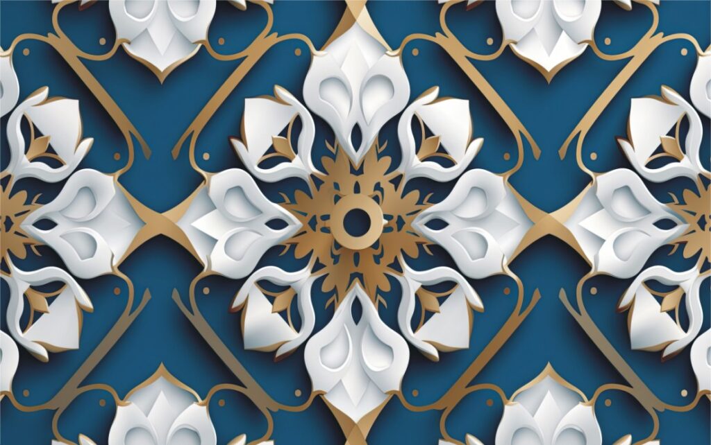 Arabic Ornament Pattern White Gold Blue Background