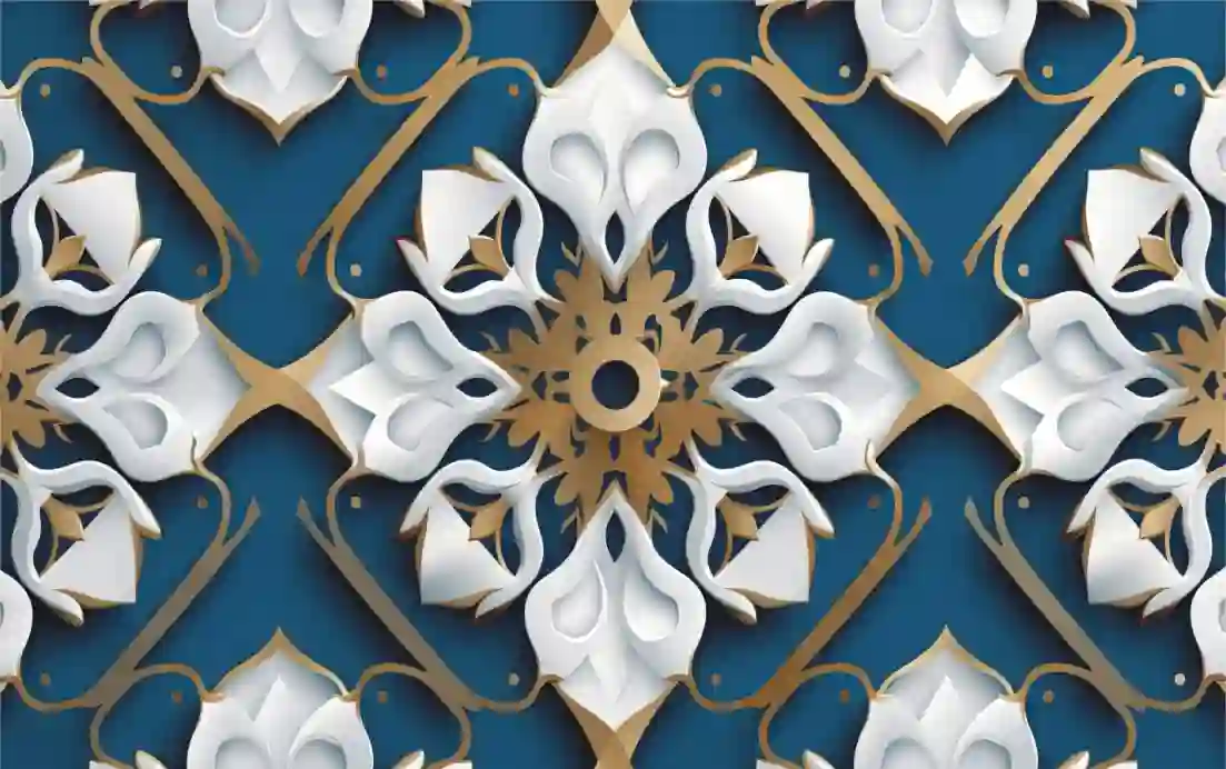 Arabic Ornament Pattern White Gold Blue Background 1 east style arabic ornament pattern white gold blue background generative ai
