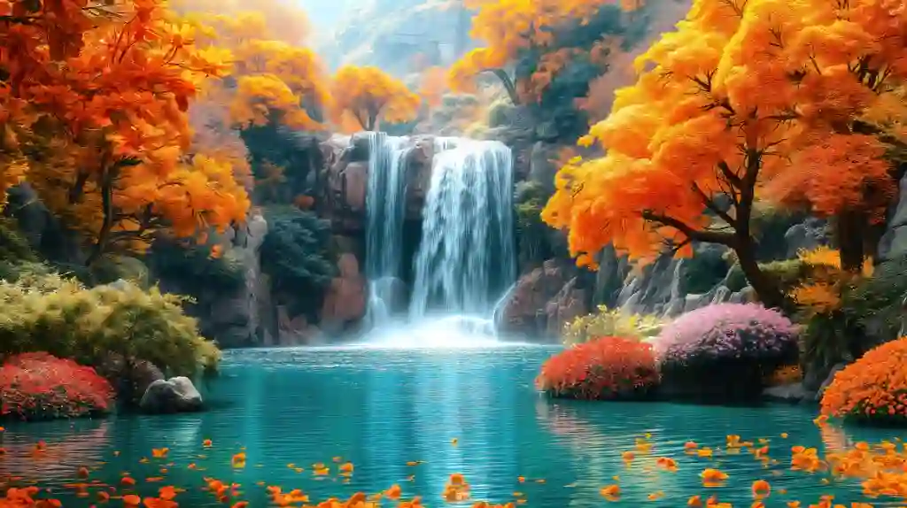 3D Wallpaper Fantasy Waterfall Amidst Autumn Trees and Flowers 3 3D Wallpaper Fantasy Waterfall Amidst Autumn Trees and Flowers