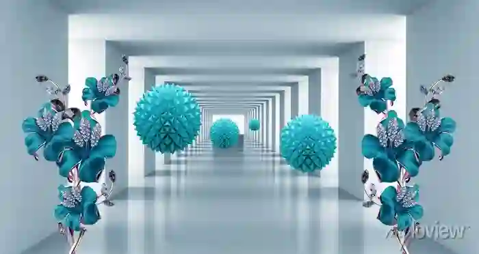 3d wallpaper blue jewelry flowers and blue balls on tunnel background 3 3d wallpaper blue jewelry flowers and blue balls on tunnel background