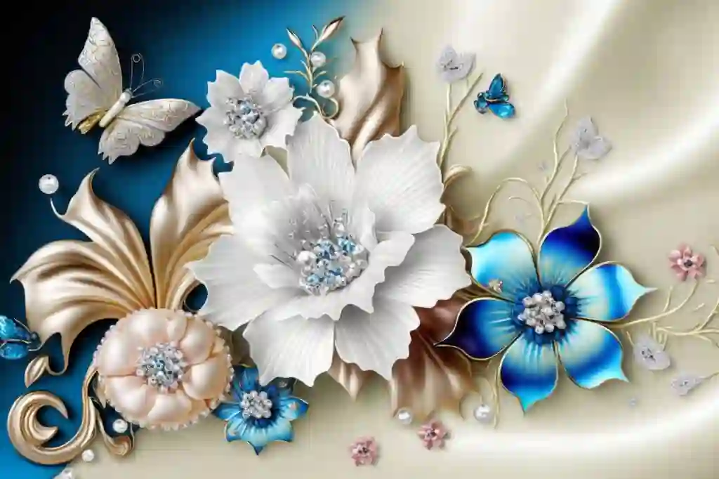 3D Wallpaper White and Blue Flower and Butterfly Jewelry with Satin Texture Design 3 AdobeStock 600502603