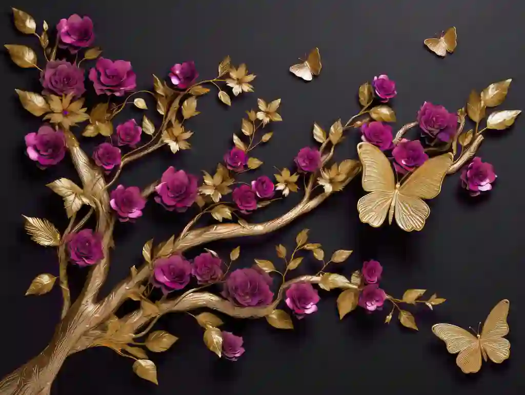 Elegant 3D Wall Art Gold Tree Branches with Magenta Flowers and Butterflies 3 Elegant 3D Wall Art Gold Tree Branches with Magenta Flowers and Butterflies