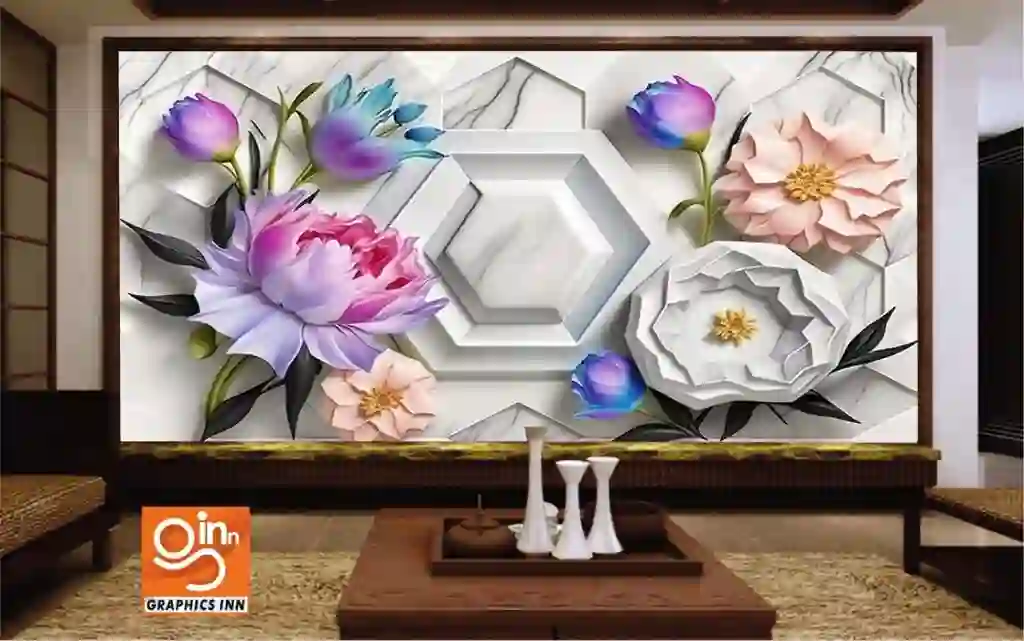 Seamless 3D Wallpaper Marble Texture with Floral Ornaments and Bright Colors 1 Front 13