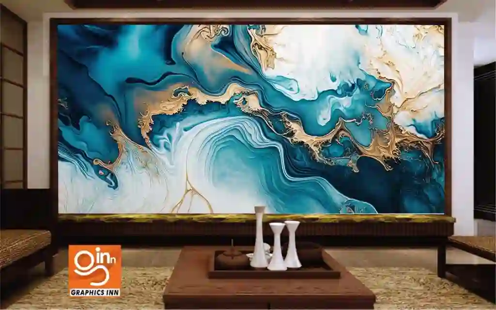 3D Wallpaper Blue Textured Painting with Golden Details Abstract Marble Swirl 1 Front 15