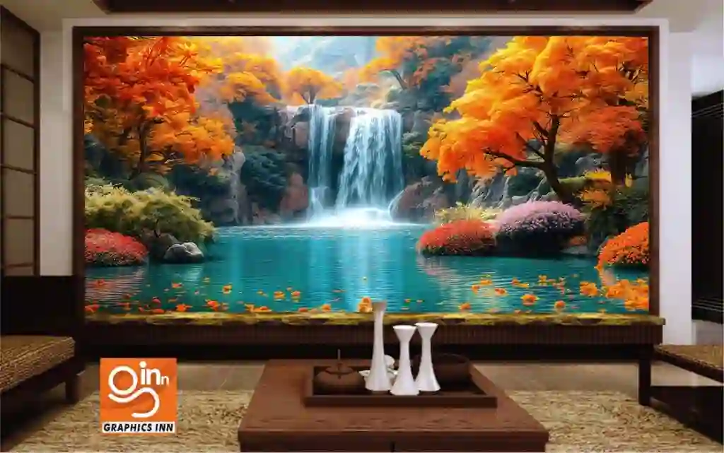 3D Wallpaper Fantasy Waterfall Amidst Autumn Trees and Flowers 1 Front 19