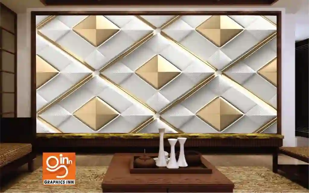 Luxurious 3D Wallpaper White Leather Geometry Tiles with Golden Stripes 1 Front 34