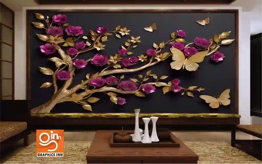 Elegant 3D Wall Art Gold Tree Branches with Magenta Flowers and Butterflies 1 Front 35