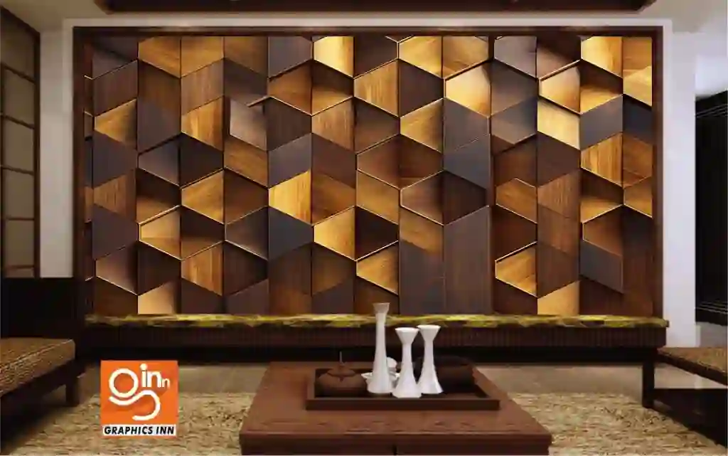 Realistic 3D Wallpaper Decorative Wood Mosaic with Golden Accents 1 Front 37