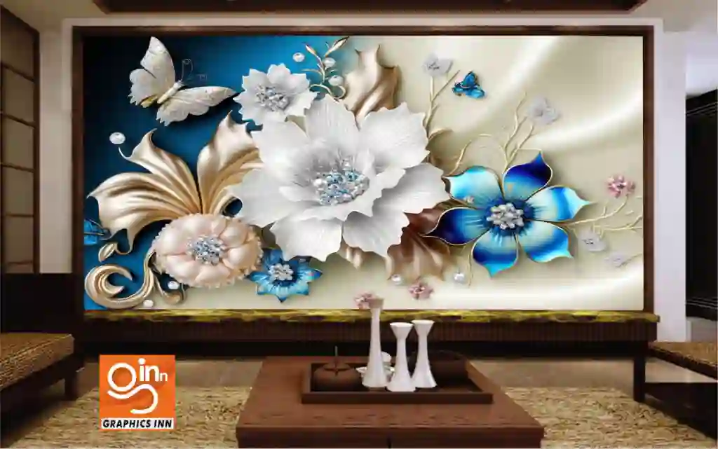 3D Wallpaper White and Blue Flower and Butterfly Jewelry with Satin Texture Design 1 Front 5