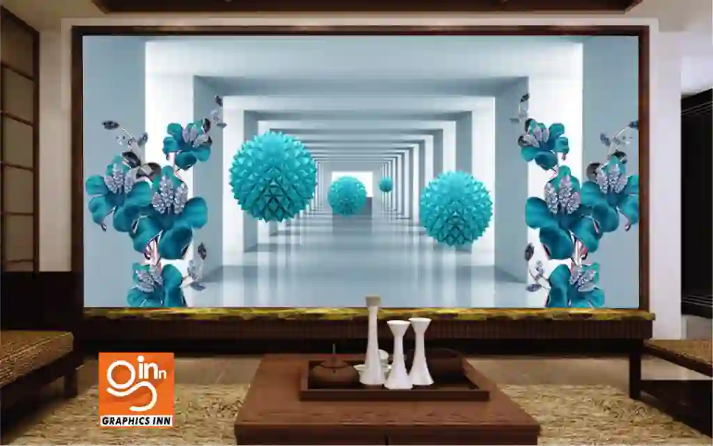 3d wallpaper blue jewelry flowers and blue balls on tunnel background 1 Front 7