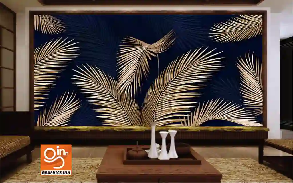 Golden leaves on a blue background Tropical leaves Wallpaper 1 Front 9