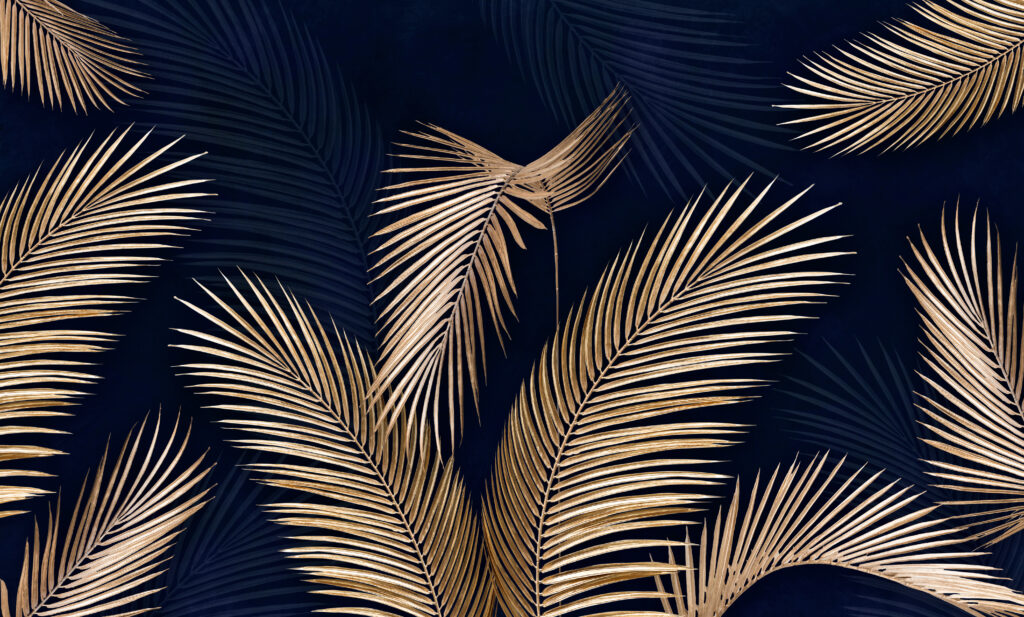 Golden leaves on a blue background Tropical leaves Wallapper