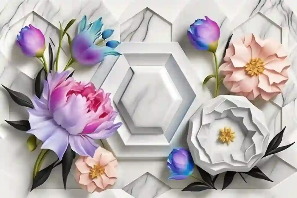 Seamless 3D Wallpaper Marble Texture with Floral Ornaments and Bright Colors 3 Seamless 3D Wallpaper Marble Texture with Floral Ornaments and Bright Colors