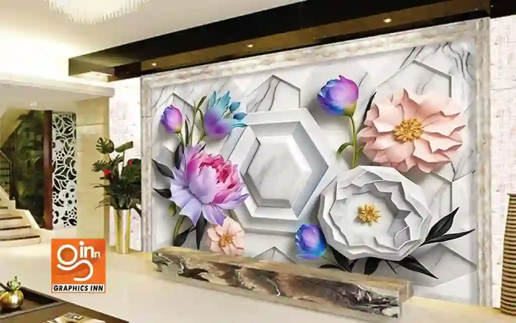 Seamless 3D Wallpaper Marble Texture with Floral Ornaments and Bright Colors 2 Side 13