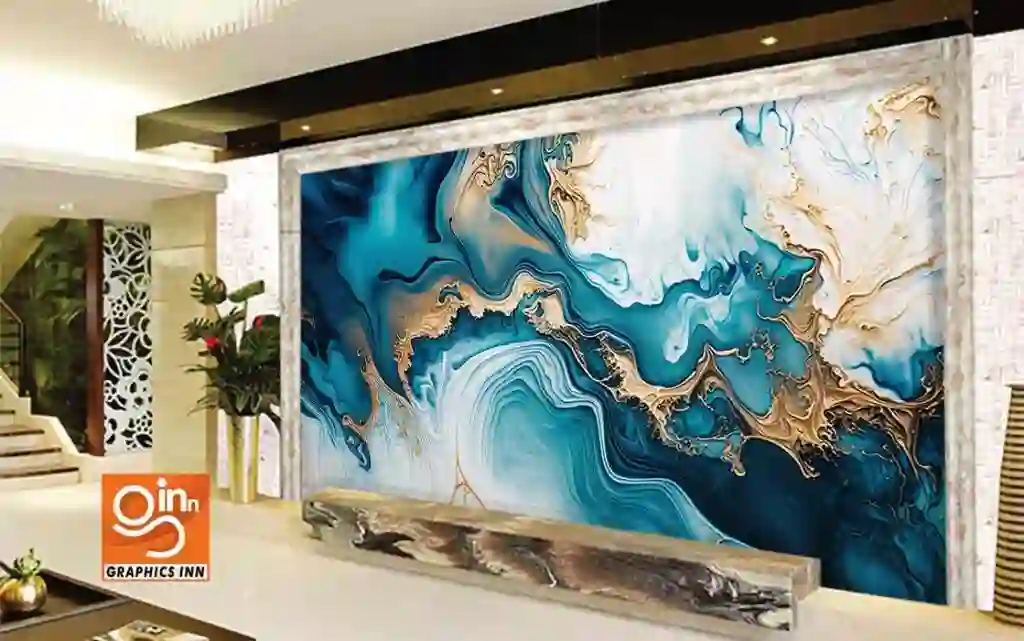 3D Wallpaper Blue Textured Painting with Golden Details Abstract Marble Swirl 2 Side 15