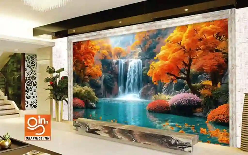 3D Wallpaper Fantasy Waterfall Amidst Autumn Trees and Flowers 2 Side 19