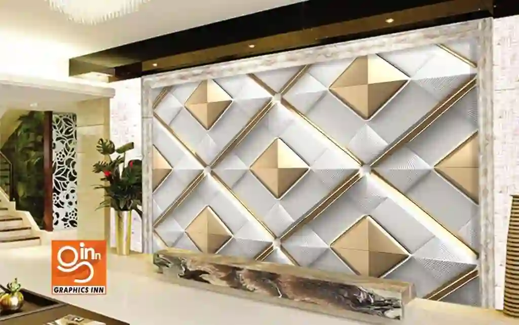 Luxurious 3D Wallpaper White Leather Geometry Tiles with Golden Stripes 2 Side 34